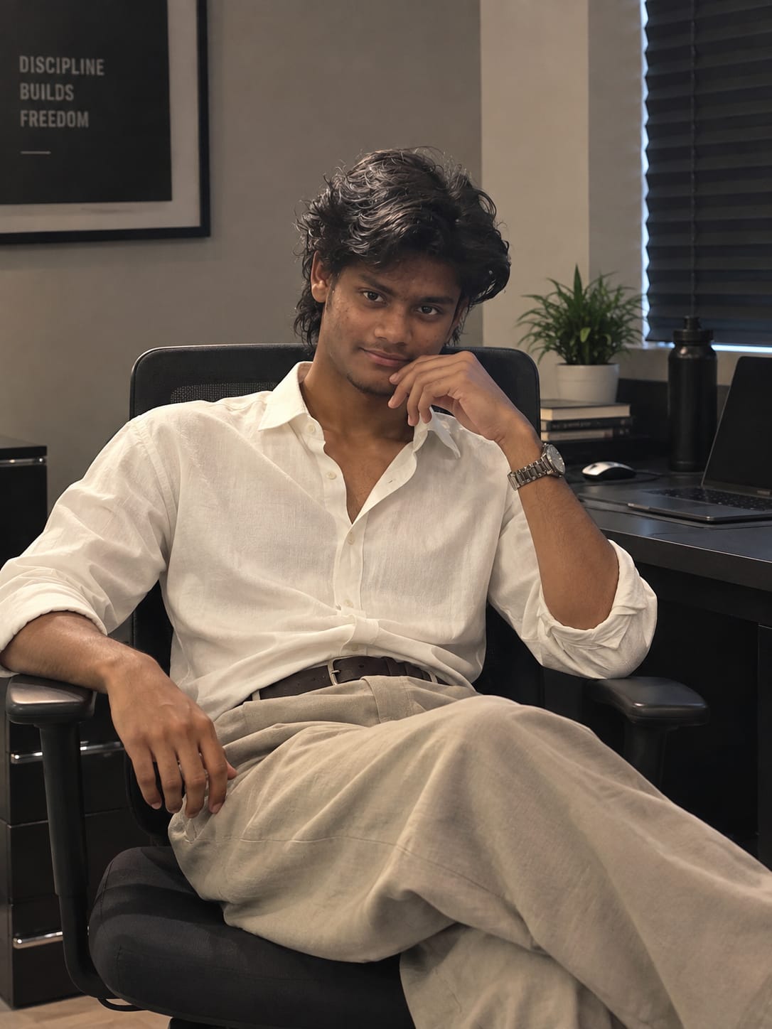 Gowtham Eswar Prasad Sunkara, Founder and CEO of V-FIT, seated in his office
